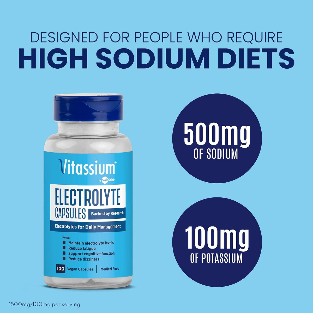 Vitassium Electrolytes Salt Pills for POTS Scientifically Formulated 100ct