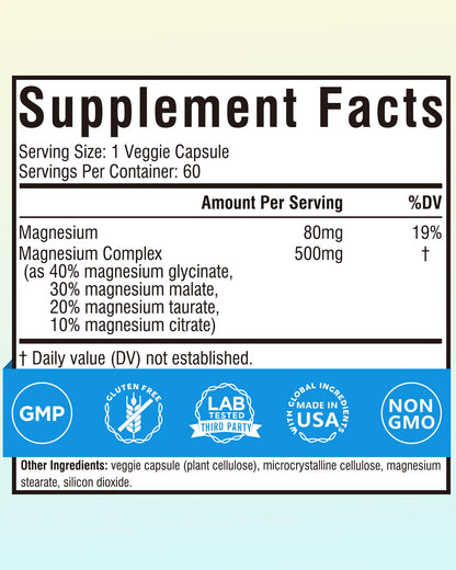 Terranics Magnesium Complex 500mg, Glycinate, Malate, Taurate, Citrate, Chelated Purified Easily Absorbed Magnesium Supplement for Sleep, Heart, Energy, Digestion Support, 60 Capsules Terranics buy supplements Au