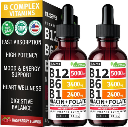 NUSAVA Vitamin B12 Liquid Drops and Strawberry Flavored D3 K2 Bundle — Daily Wellness Liquid Vitamins for Energy & Immune Support — Non-GMO, Gluten-Free, 2pk Each