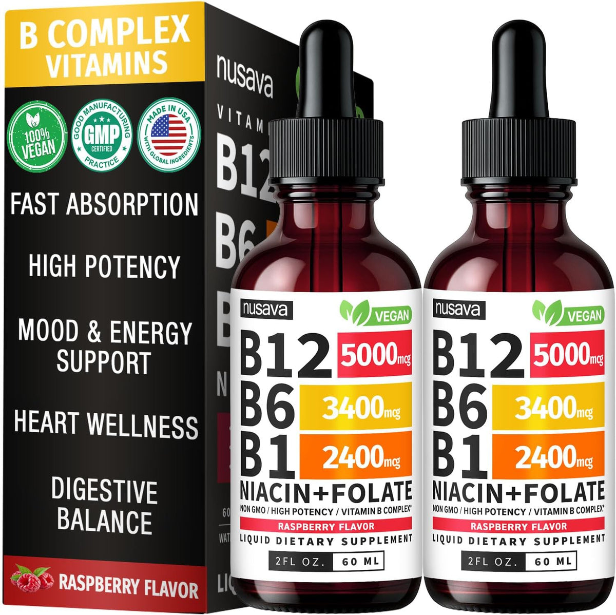 NUSAVA Vitamin B12 Liquid Drops and Unflavored D3 K2 Bundle — Daily Wellness Liquid Vitamins for Energy & Immune Support — Non-GMO, Gluten-Free, 2pk Each
