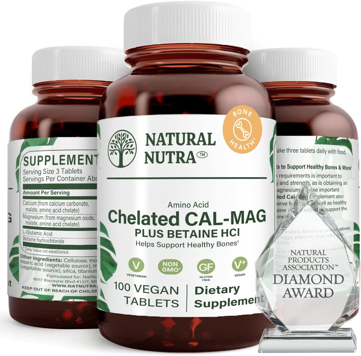 Natural Nutra Chelated Calcium Magnesium 1000/500 mg Supplements Plus Betaine HCL - Chelated Cal Mag Improves Bone Density, Supports Muscle, Teeth, Cardiovascular & Nerve Health, 100 Vegan Tablets