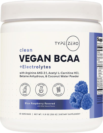 Type Zero Ultra Clean Vegan BCAA Powder + Electrolytes (Blue Raspberry) | 6g Per Serving, 2:1:1 Sugar-Free, No Sucralose, BCAAs Amino Acids Supplement, After Workout Drink, 30 Servings