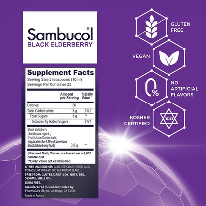 Sambucol Black Elderberry Syrup - Black Elderberry Liquid, Immune Support for Kids and Adults, High Antioxidants, Gluten Free