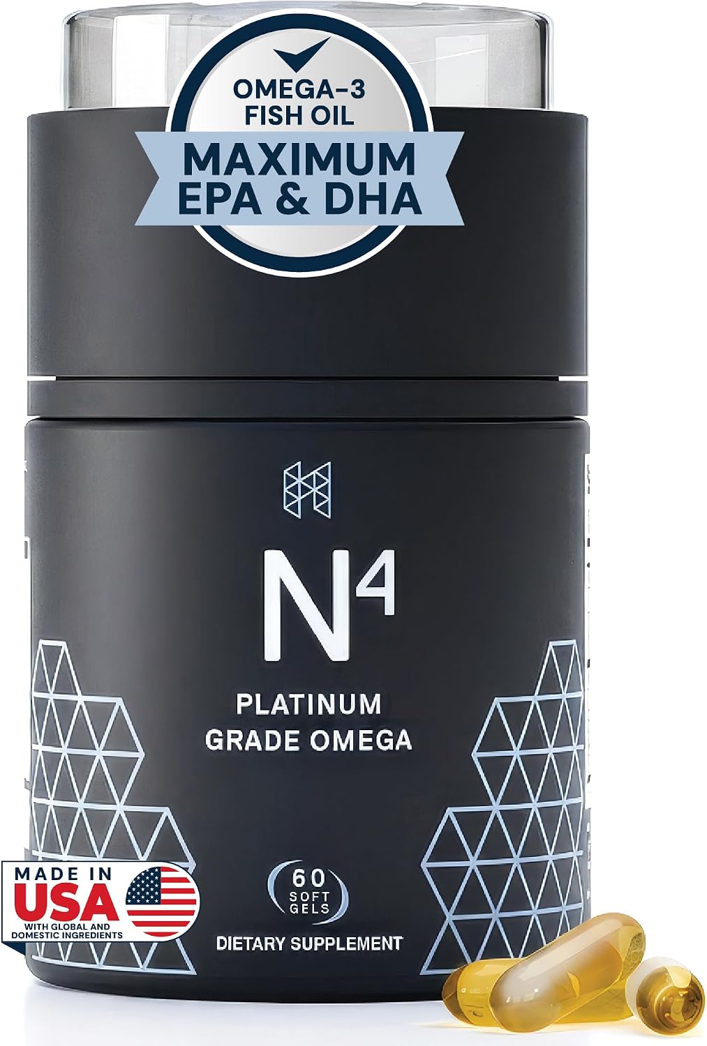 HPN N(4) 3,000 mg DHA/EPA Omega-3 for Joint & Brain, 60 Softgels | Icelandic omega-3 fish oil with 3,000 mg DHA/EPA supports muscle, joint and brain health; 60 softgels.