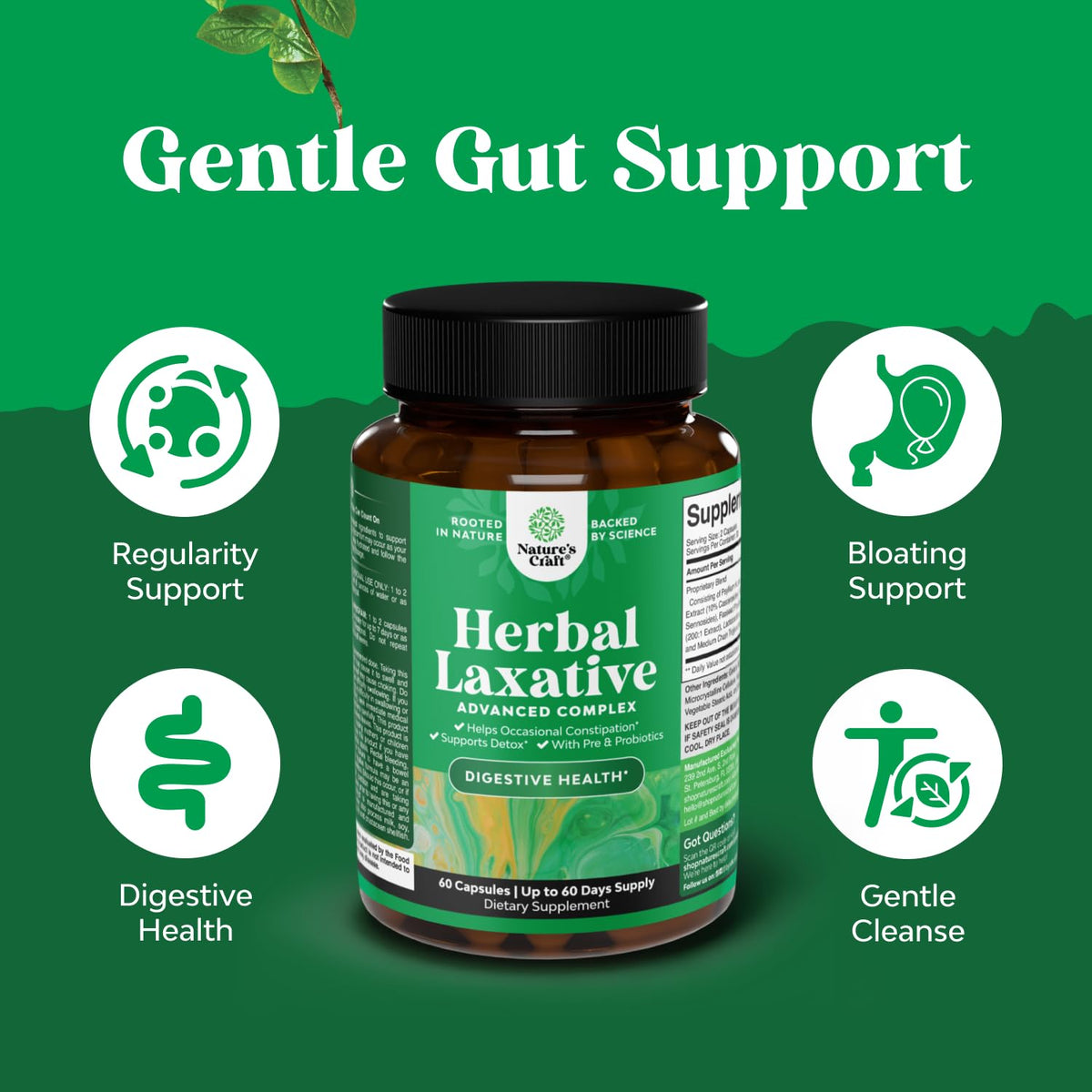 Herbal Laxative Capsules with Probiotics – Natural Laxatives for Constipation with Senna Leaf, Psyllium, Aloe Vera – Colon Cleanse for Women & Men - Detox for Gut Health & Weight Management – 60 Count