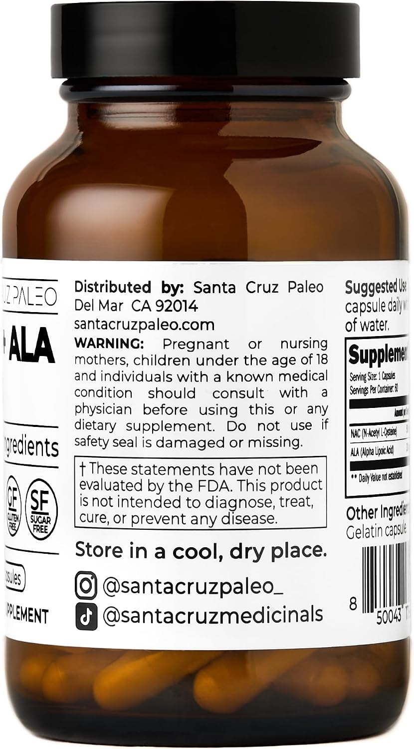 Santa Cruz Paleo, NAC + ALA Caps, NAC Supplement and Antioxidant Complex with Alpha Lipoic Acid and N-Acetyl Cysteine, Cellular Support and Nutrient Balance, Gluten Free, Keto, Paleo, 60 Capsules