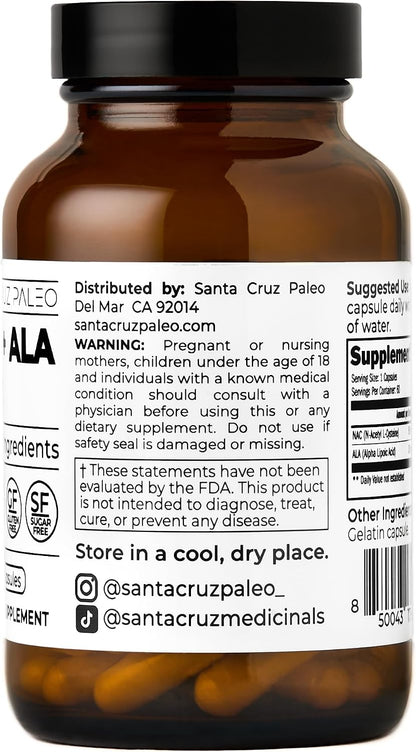 Santa Cruz Paleo, NAC + ALA Caps, NAC Supplement and Antioxidant Complex with Alpha Lipoic Acid and N-Acetyl Cysteine, Cellular Support and Nutrient Balance, Gluten Free, Keto, Paleo, 60 Capsules