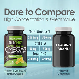 Suplement ​Ultimate Strength Plant Based Omega 3 Supplements, Organic EPA and DHA Omega 3 Fatty Acid Supplements from Algae Oil, No Fishy Aftertaste, 120 Softgels - VelvetGlow USA