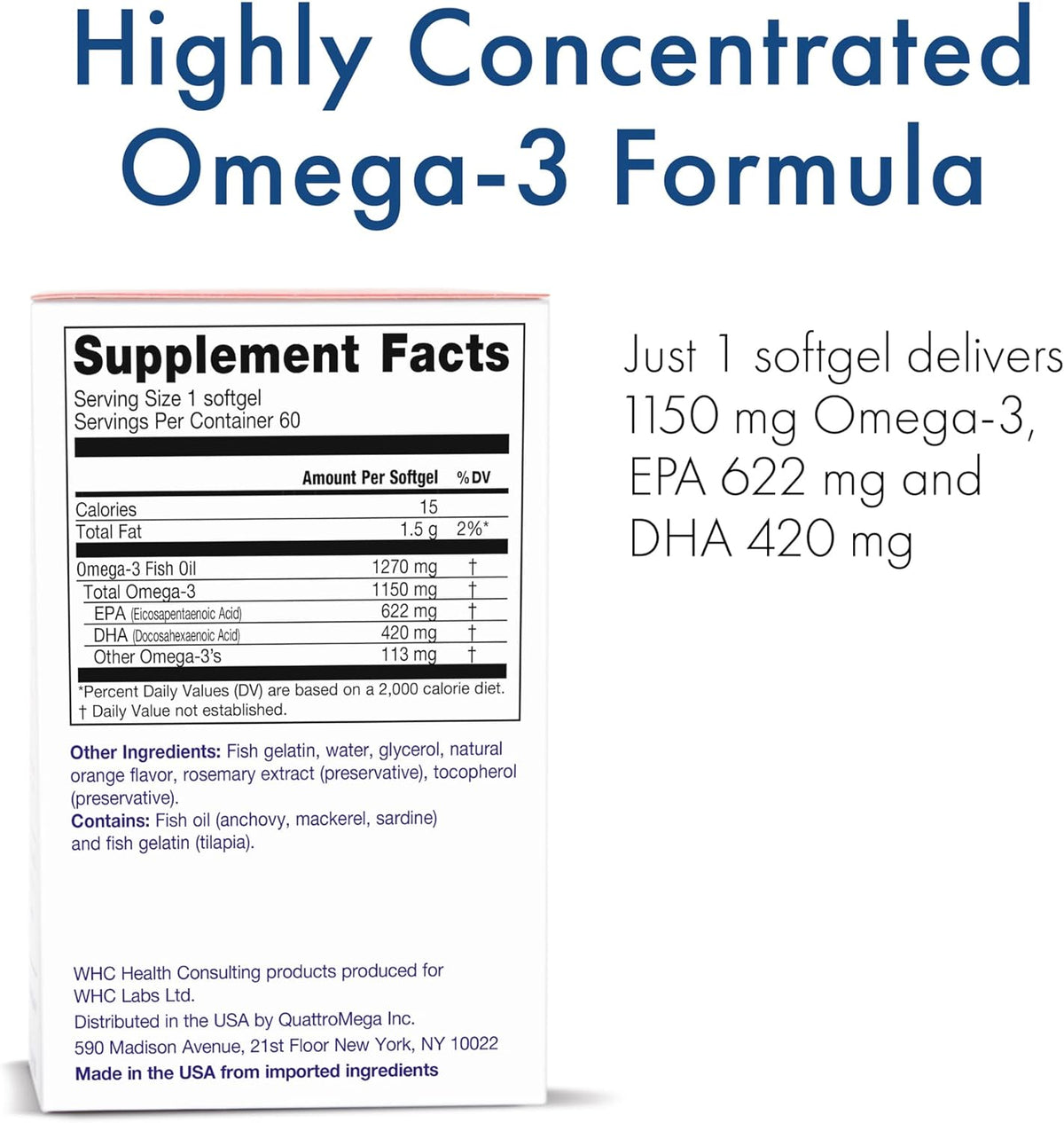 WHC, UnoCardio X2 Fish Oil, Triglyceride Omega-3 Fatty acids, 1270 mg Fish Oil Supplement (622 mg EPA / 420 mg DHA/Total 1150 mg of Omega-3 per Serving), Natural Orange, 60 softgels