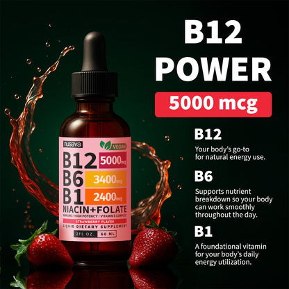 NUSAVA (2 Pack) Vitamin B12 Liquid Drops with B6, B1, Niacin & Folate — B12 Sublingual Vitamin B Complex, Methylcobalamin 5000 mcg, for Energy, Brain & Heart Support, Raspberry Flavor, 80 Servings