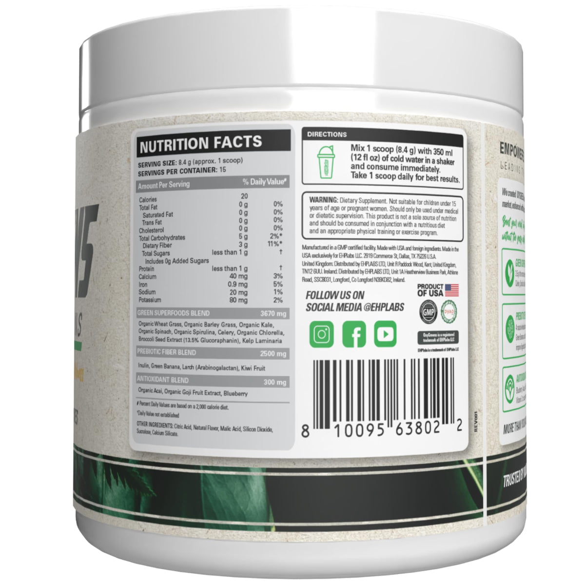 EHP Labs OxyGreens Super Greens Powder with Spirulina & Chlorella, Prebiotic Fiber, Probiotics & Digestive Enzymes – Antioxidant Green Superfood Supplement - 15 Serves (Pineapple)