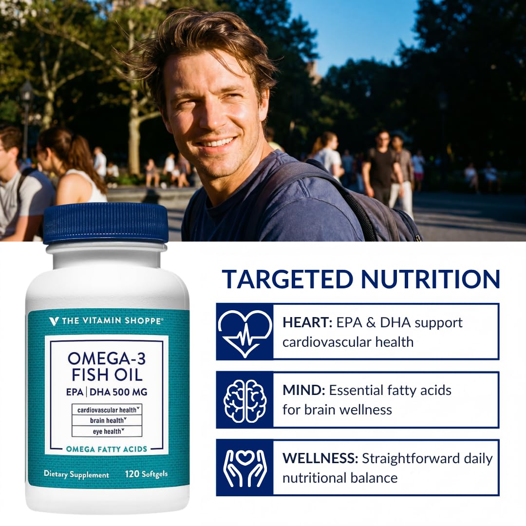 Suplement ​The Vitamin Shoppe Brand Omega 3 Fish Oil 1000mg with EPA DHA 500mg, Cardiovascular, Brain & Eye Health Support for Men and Women, Sourced from Anchovy, VelvetGlow USA