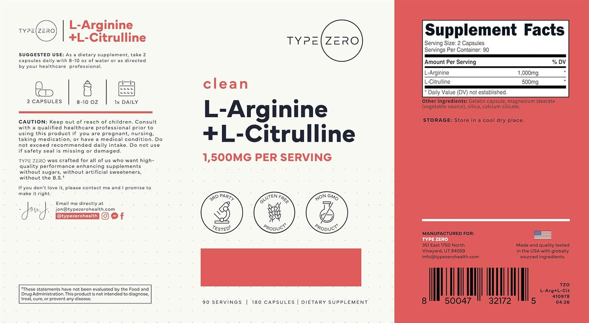 Type Zero L-Arginine + L-Citrulline Supplement (1500mg) 180 Capsules | Nitric Oxide Booster, Clean, Keto-Friendly, GMO-Free, 90 Servings