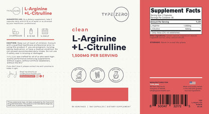 Type Zero L-Arginine + L-Citrulline Supplement (1500mg) 180 Capsules | Nitric Oxide Booster, Clean, Keto-Friendly, GMO-Free, 90 Servings