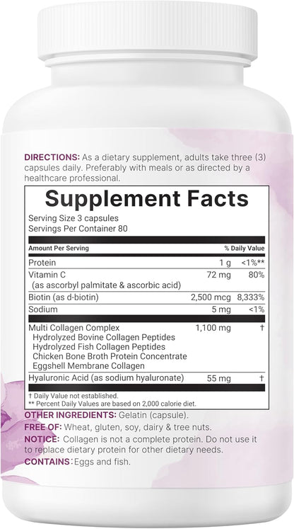 Micro Ingredients Multi Collagen Peptides Pills, 240 Capsules | For Women & Men. Type I, II, III, V, X. Hydrolyzed Collagen Supplement with Biotin, Hyaluronic Acid & Vitamin C. Filler Free.
