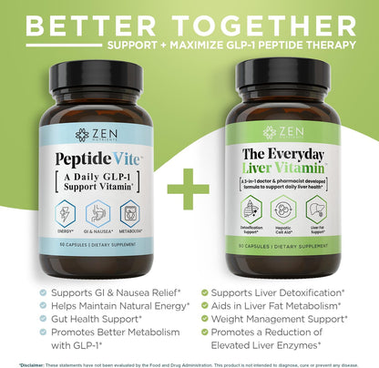 Zen Nutrients Everyday Peptide & Liver Metabolism Support Bundle - PeptideVite GLP-1 Support Vitamin for Naseau Relief & The Everyday Liver Vitamin Liver Cleanse Detox & Repair for Fatty Liver Support