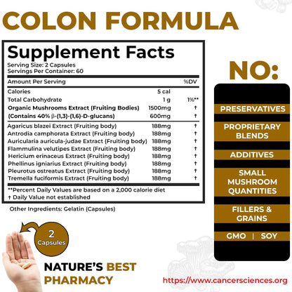 Colon Wellness Supplement, USDA Certified Organic Mushrooms Extract, Extra Strength 1,500 mg, High Potency 40% Beta-Glucans, Immune, Gut & Digestive, Colon Cleanse & Detox, 120 Caps