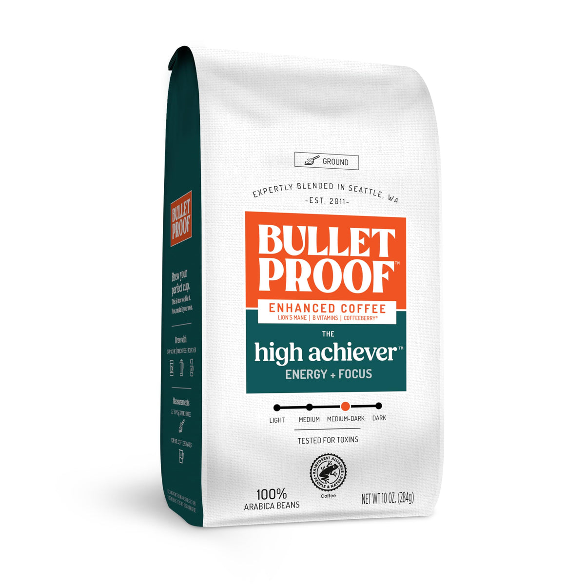 Bulletproof High Achiever Mushroom Coffee Grounds with Lion's Mane, B Vitamins & Adaptogens, Energy and Focus, Medium-Dark Roast, 10 oz