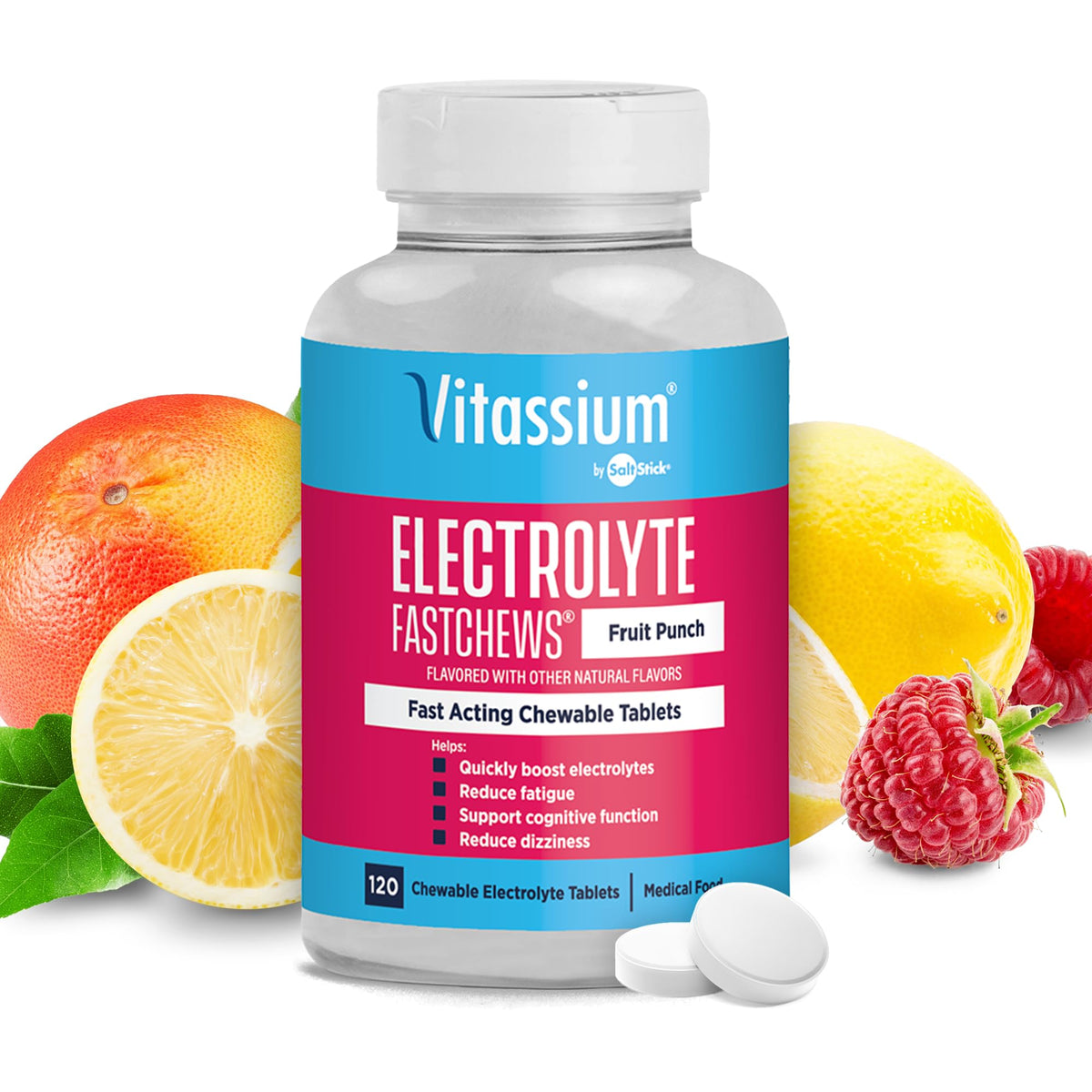 Vitassium FastChews, Chewable Electrolyte Tablets for Management of POTS and High Sodium Diets, Fast-Acting Sodium Tablets, Fruit Punch, 60 Count