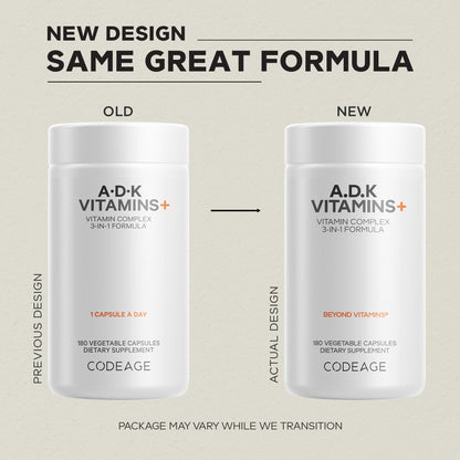 Codeage ADK Vitamins Supplement - Essential Vitamin A, D3 5000 IU, K1 & K2 (MK4 & MK7) - 6-Month Supply - 1 Capsule per Serving, Non-GMO, Gluten-Free - 180 Capsules