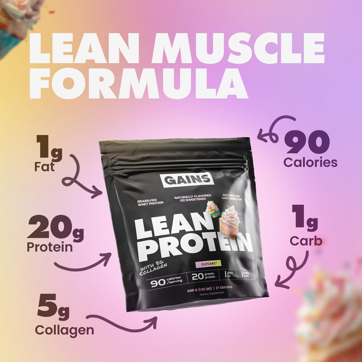 Gains in Bulk Lean Protein Powder with 20g Protein, Strawberry, 27 Servings