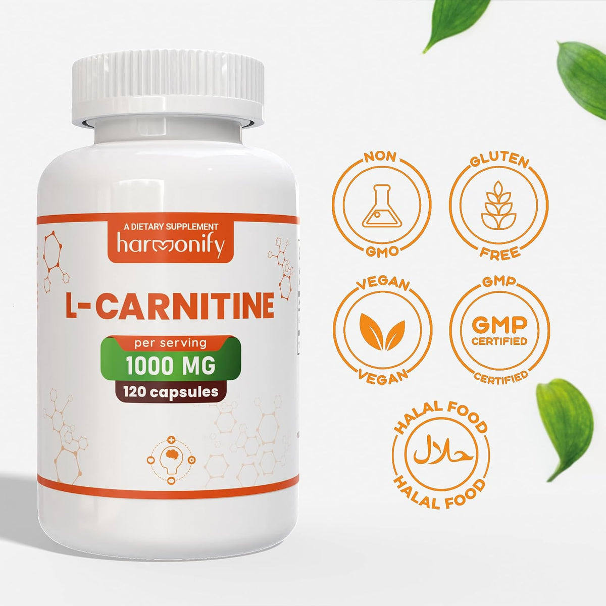 L Carnitine Supplement 1000 mg per Serving, 120 Vegetarian Capsules & Pure Form, 60 Servings