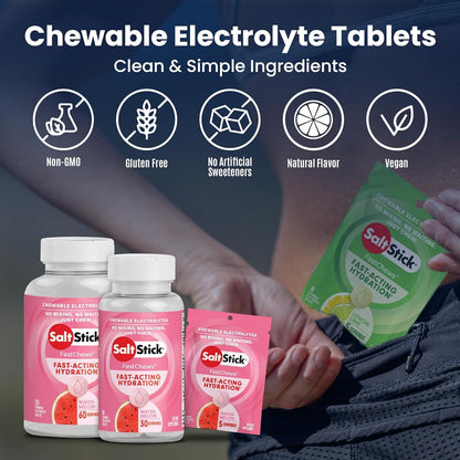 SaltStick Electrolyte FastChews Chewable Tablets, Lemon Lime, 120 count, 12 packets of 10 tablets each