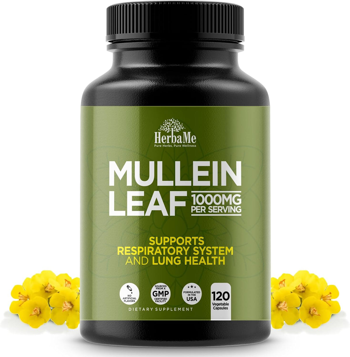HerbaMe Mullein Leaf 1000mg, 120 Capsules - Daily Respiratory Support Supplement, Supports Breathing Comfort & Mucus Balance, Herbal Lung Support for Smokers, Men & Women