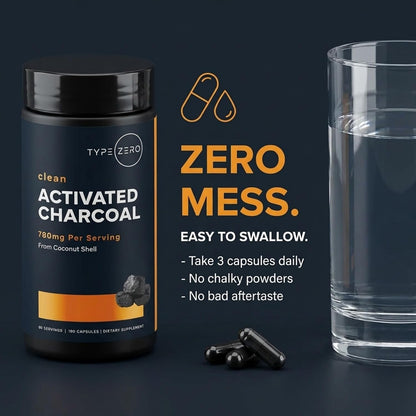 Type Zero Activated Charcoal (780mg) 180 Capsules, 60 Servings, Gluten-Free | From Coconut Shell, GMO-Free