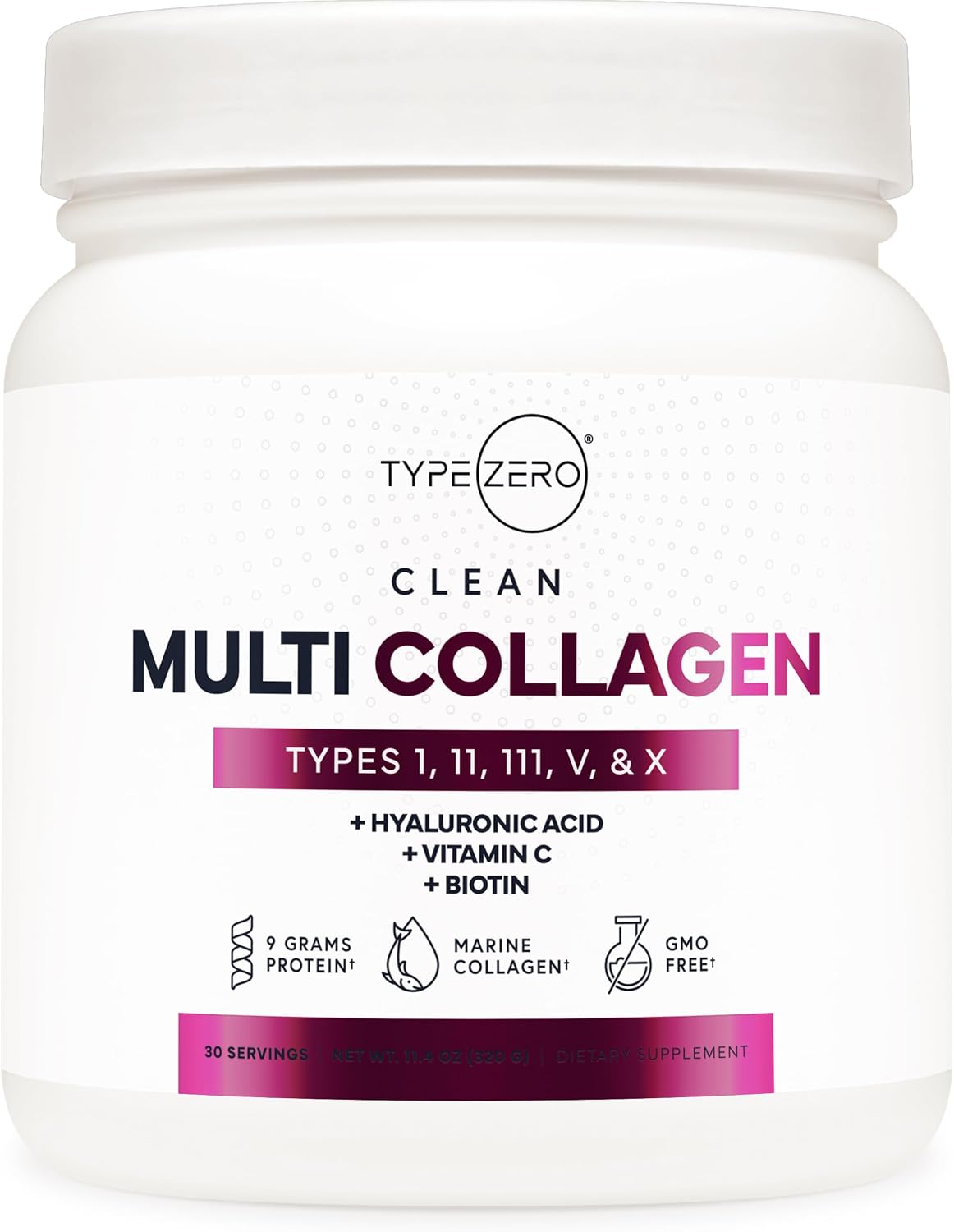 Type Zero Multi Collagen Powder 30 Servings (Unflavored) - Types I, II, III, V, & X Collagen Peptides + Hyaluronic Acid, VIT C, Biotin