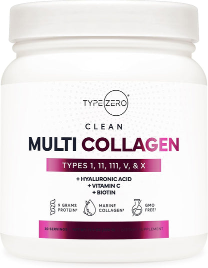 Type Zero Multi Collagen Powder 30 Servings (Unflavored) - Types I, II, III, V, & X Collagen Peptides + Hyaluronic Acid, VIT C, Biotin