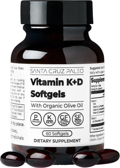 Santa Cruz Paleo Vitamin K2 + D3 Softgels, Daily Supplement with Organic Olive Oil, Includes Vitamin K1 & Two Forms of K2, Supports Heart & Bone Health, Gluten Free, Sugar Free, Paleo, Keto, 60 Count