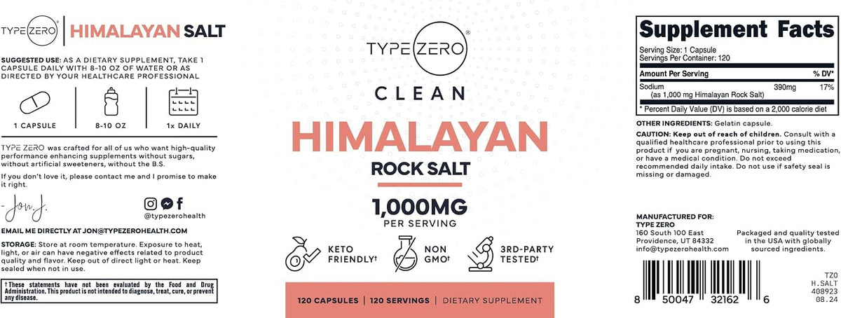 Type Zero Himalayan Rock Salt Capsules (1,000mg) 120 Capsules | GMO-Free, Keto-Friendly