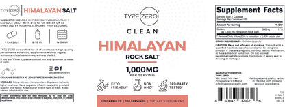Type Zero Himalayan Rock Salt Capsules (1,000mg) 120 Capsules | GMO-Free, Keto-Friendly