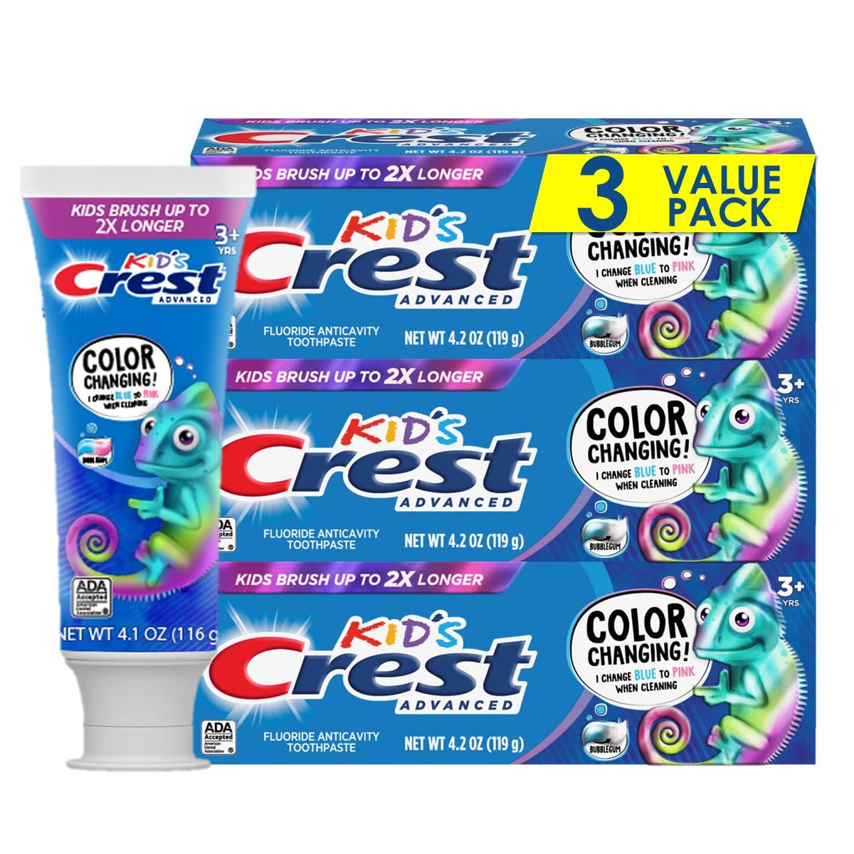 Suplement ​Crest Advanced Kid's Fluoride Toothpaste, Bubblegum Flavor, 4.2 oz, 3 Count, Color-Changing Anticavity Toothpaste - VelvetGlow USA