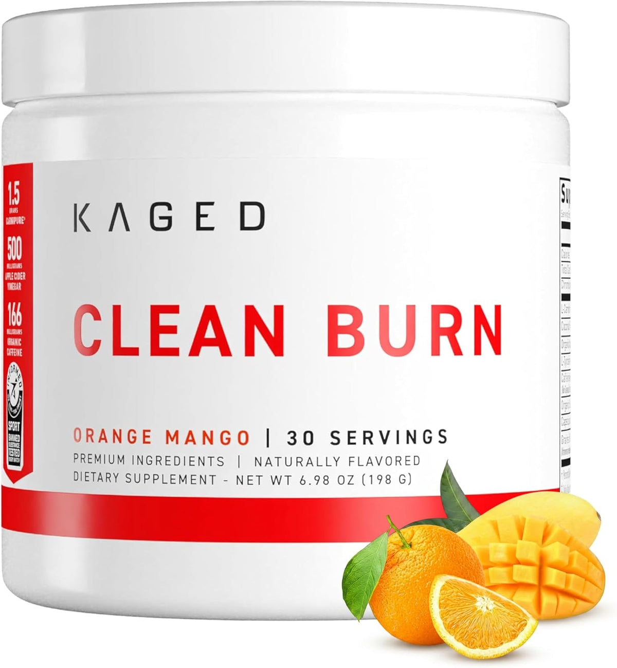 Kaged Thermogenic Powder Clean Burn Orange Mango Men & Women Weight Management Supplement Organic Caffeine Apple Cider Vinegar 30 Servings