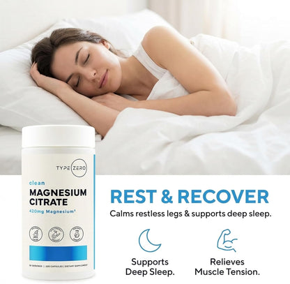 Type Zero Clean Magnesium Citrate (420mg) 200 Capsules, Gluten-Free | Pure Magnesium Citrate Supplement, GMO-Free, 50 Servings