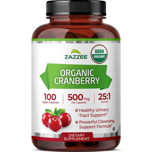 Zazzee USDA Organic Cranberry 25:1 Extract, 500 mg per Capsule, 100 Vegan Capsules, 3+ Month Supply, Certified Kosher, Vaccinium Macrocarpon, Urinary Tract & Bladder Support, Non-GMO, Made in the USA ZazzeeBuy Supplements Australia