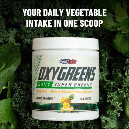 EHP Labs OxyGreens Super Greens Powder with Spirulina & Chlorella, Prebiotic Fiber, Probiotics & Digestive Enzymes – Antioxidant Green Superfood Supplement - 15 Serves (Pineapple)