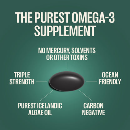 Orlo Vegan Omega 3 Algae Oil 1000mg - Natural Icelandic Nordic Omega-3 EPA & DHA Supplement - Fish Oil & Krill Alternative for Heart & Brain – 60 Easy-to-Swallow Burpless Mini Softgels