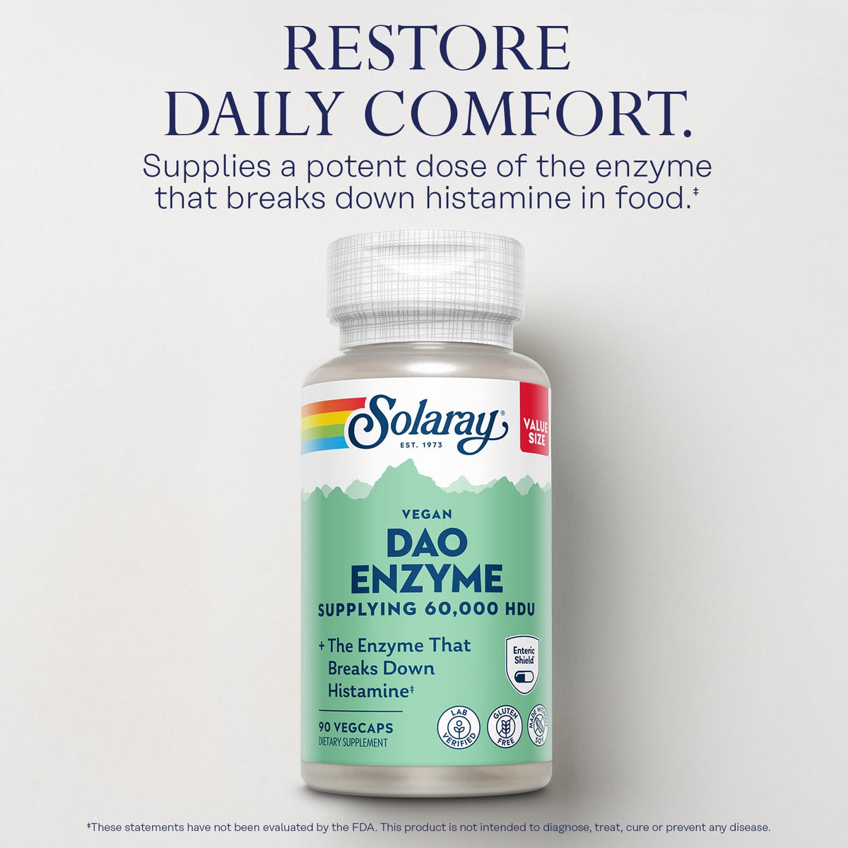 SOLARAY DAO Enzyme - Digestive Enzyme that Breaks Down Histamine - 60,000 HDU - Digestive Enzymes - Vegan, Gluten Free, Lab Verified - 30 Servings, 30 VegCaps