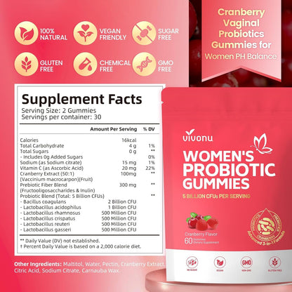VivoNu Probiotics for Women, Women Probiotic Gummies, 500 Million CFUs, Fiber | Feminine Balance Gummies for Healthy Odour, Digestive Support and Gut Health + Vitamin C for Immune Support - 60 Gummies