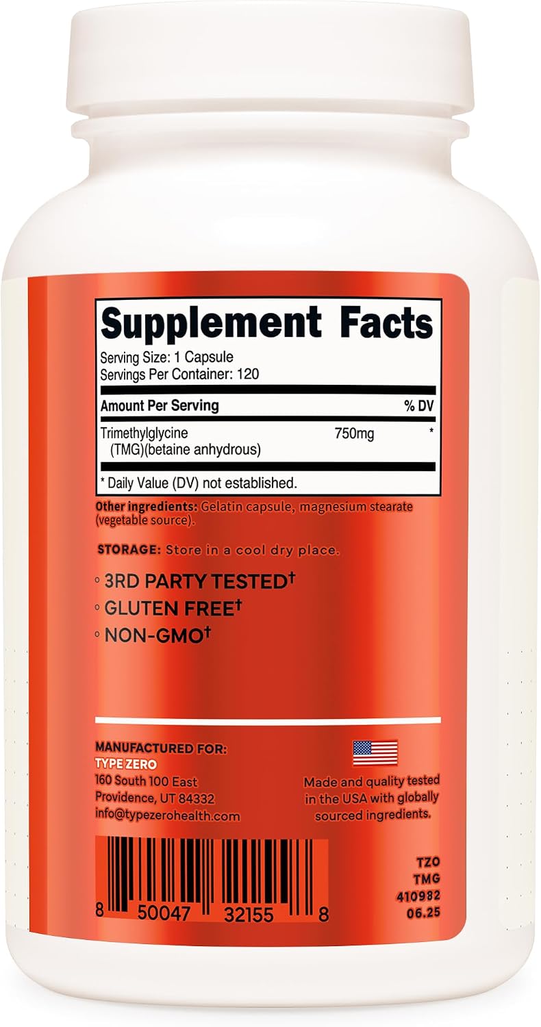 Type Zero Clean TMG (Trimethylglycine) 750mg, 120 Capsules, Gluten Free | GMO-Free