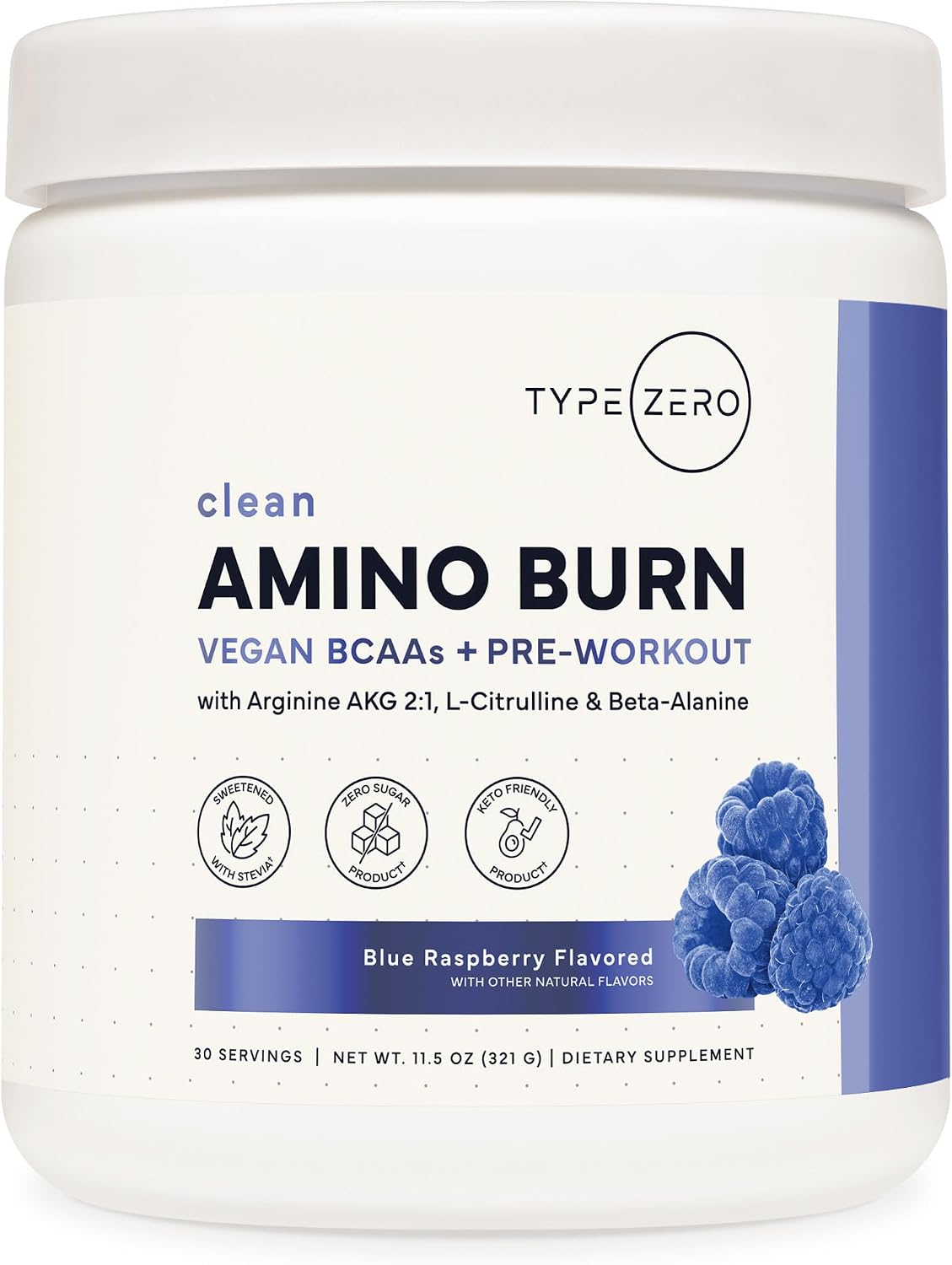 Type Zero Amino Burn (Blue Raspberry) 30 Servings, Clean Pre Workout | Vegan BCAA + Clean Pre Workout Powder with Arginine AKG, L-Citrulline & Beta Alanine, Endurance & Hydration Supplement