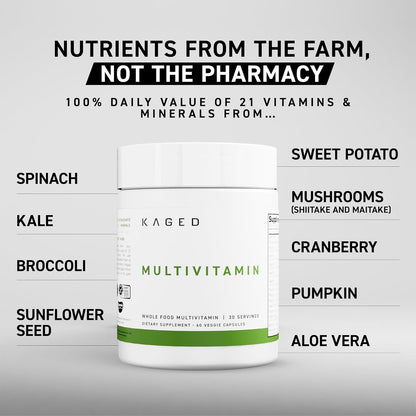 Kaged Multivitamin Capsules | Unflavored | Whole Foods Organic Fruits & Veggies | Plant Based Vegan Multivitamin | Vitamin C, D, E, B12 | Supplements for Men & Women | 30 Servings