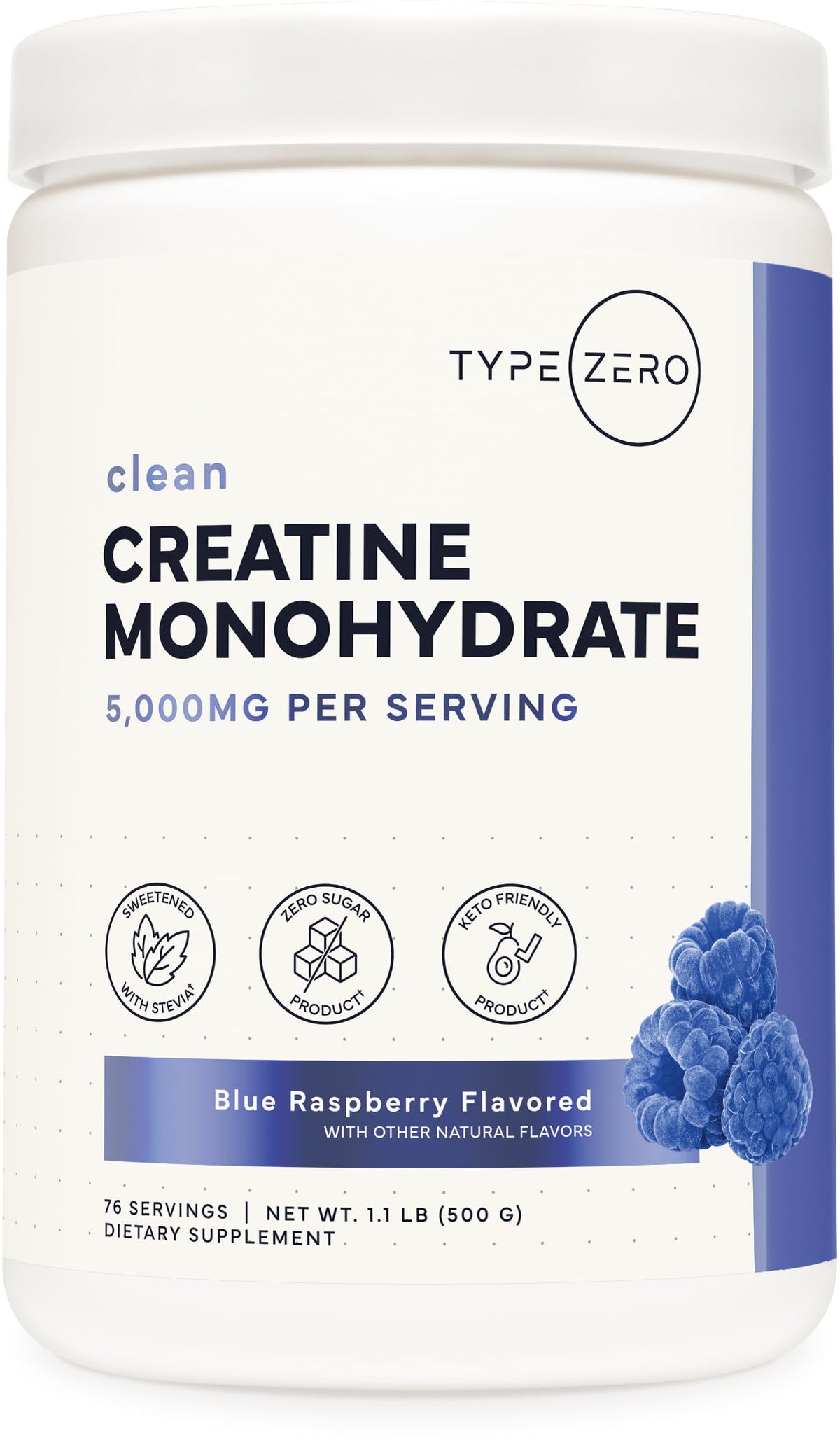 Type Zero Creatine Monohydrate Powder (Unflavored) 500 Grams, Micronized | 5000mg Per Serving, Zero Sugar, Keto Friendly & Gluten-Free, 100 Servings