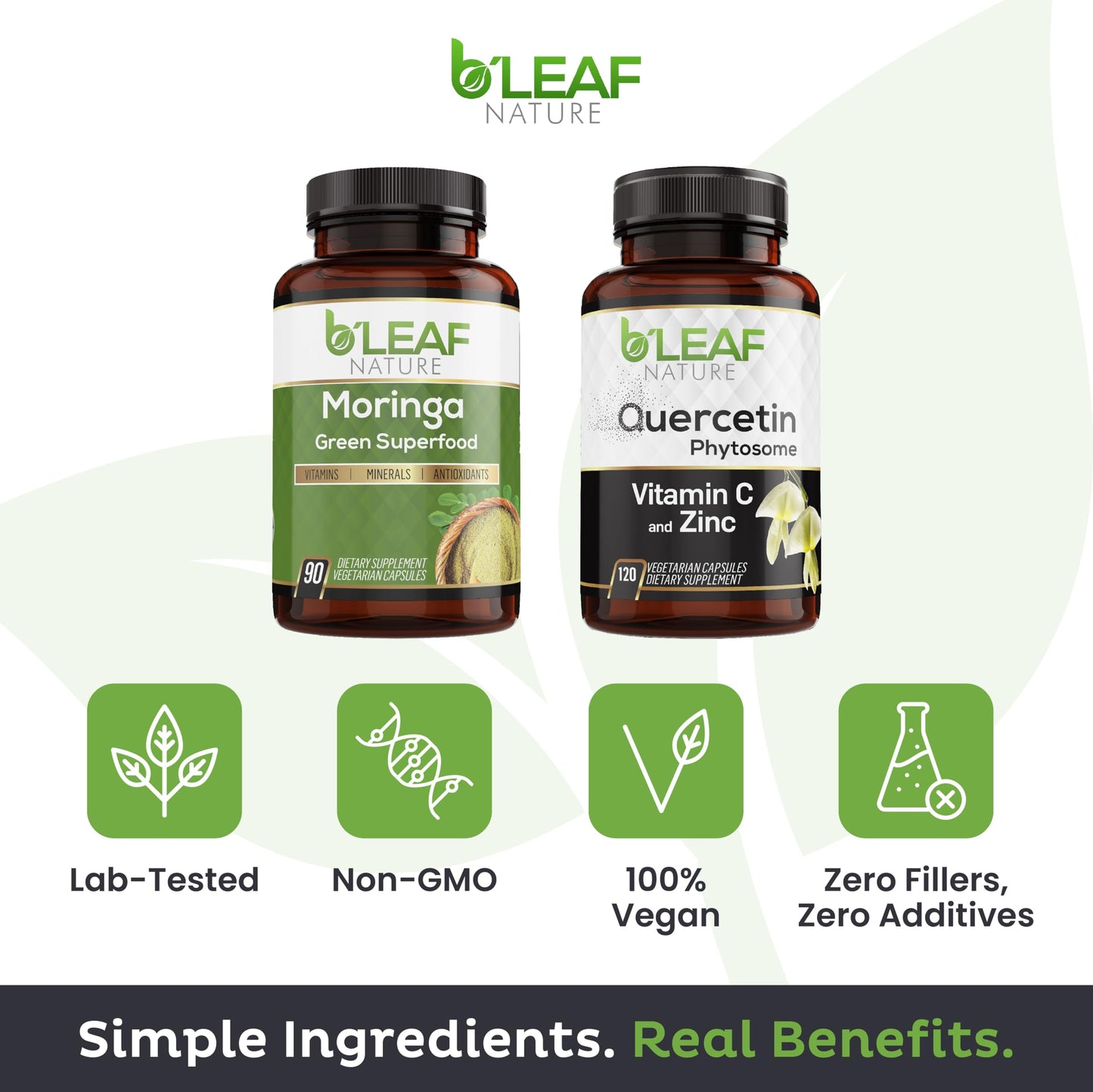 B'LEAF NATURE Moringa and Quercetin Bundle - Non-GMO, Vegan, High Absorption Capsules - 1000mg Quercetin Phytosome Blend + 1000mg Moringa - Natural Energy, Wellness and Immune Support Supplements B'LEAF NATURE buy supplements Au