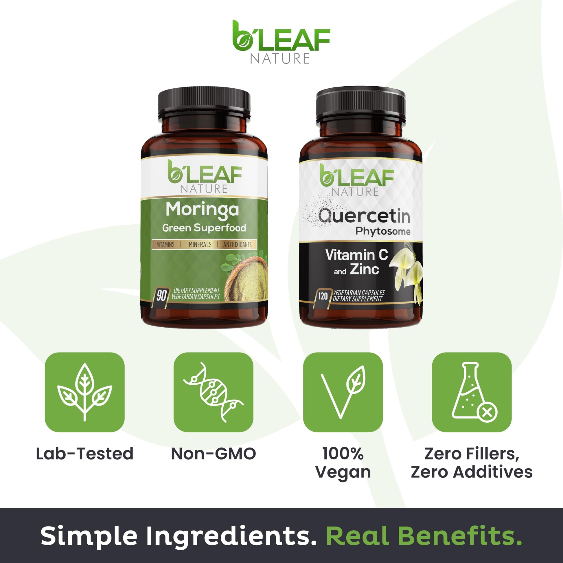 B'LEAF NATURE Moringa and Quercetin Bundle - Non-GMO, Vegan, High Absorption Capsules - 1000mg Quercetin Phytosome Blend + 1000mg Moringa - Natural Energy, Wellness and Immune Support Supplements B'LEAF NATURE buy supplements Au
