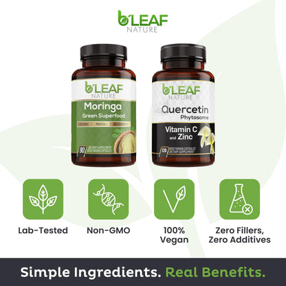 B'LEAF NATURE Moringa and Quercetin Bundle - Non-GMO, Vegan, High Absorption Capsules - 1000mg Quercetin Phytosome Blend + 1000mg Moringa - Natural Energy, Wellness and Immune Support Supplements B'LEAF NATURE buy supplements Au