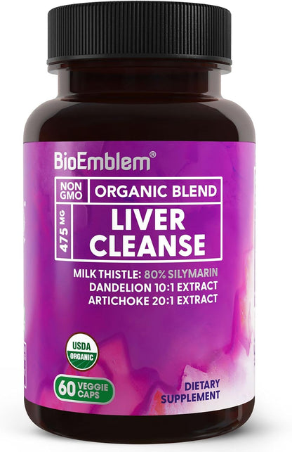 BioEmblem USDA Organic Liver Cleanse - 80% Silymarin Milk Thistle Extract for Liver Health and Liver Function with Dandelion & Artichoke Extracts - 100% Vegan, Non-GMO - Herbal Liver - 60 Capsules